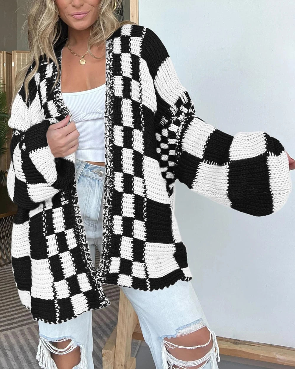 Checkered Ribbed Knit Cardigan