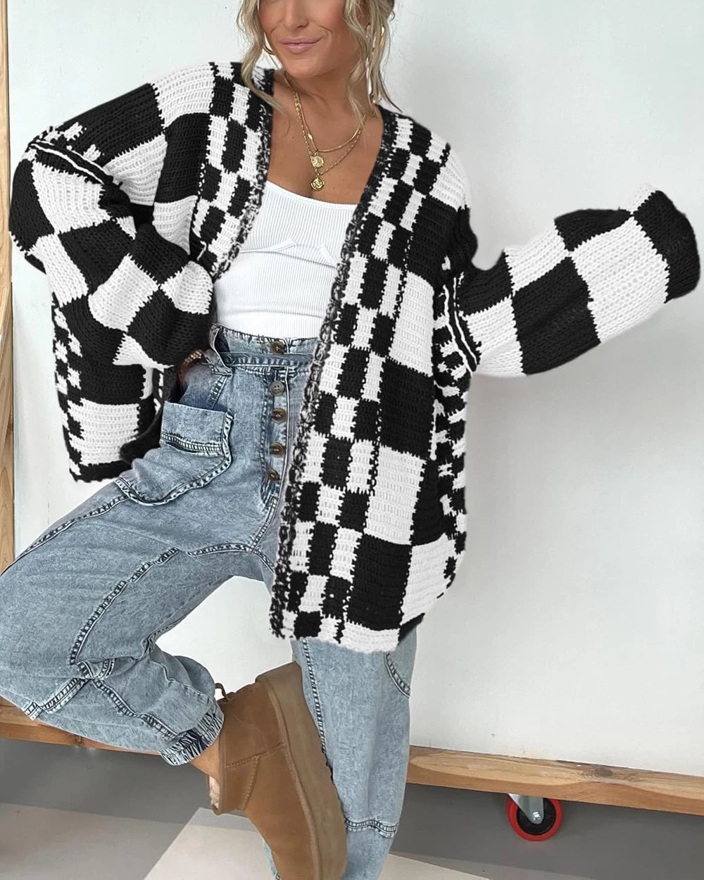 Checkered Ribbed Knit Cardigan