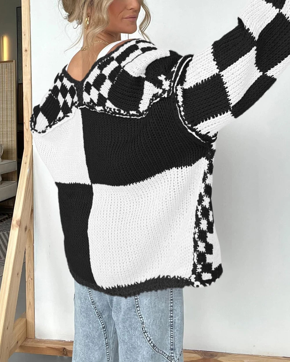 Checkered Ribbed Knit Cardigan
