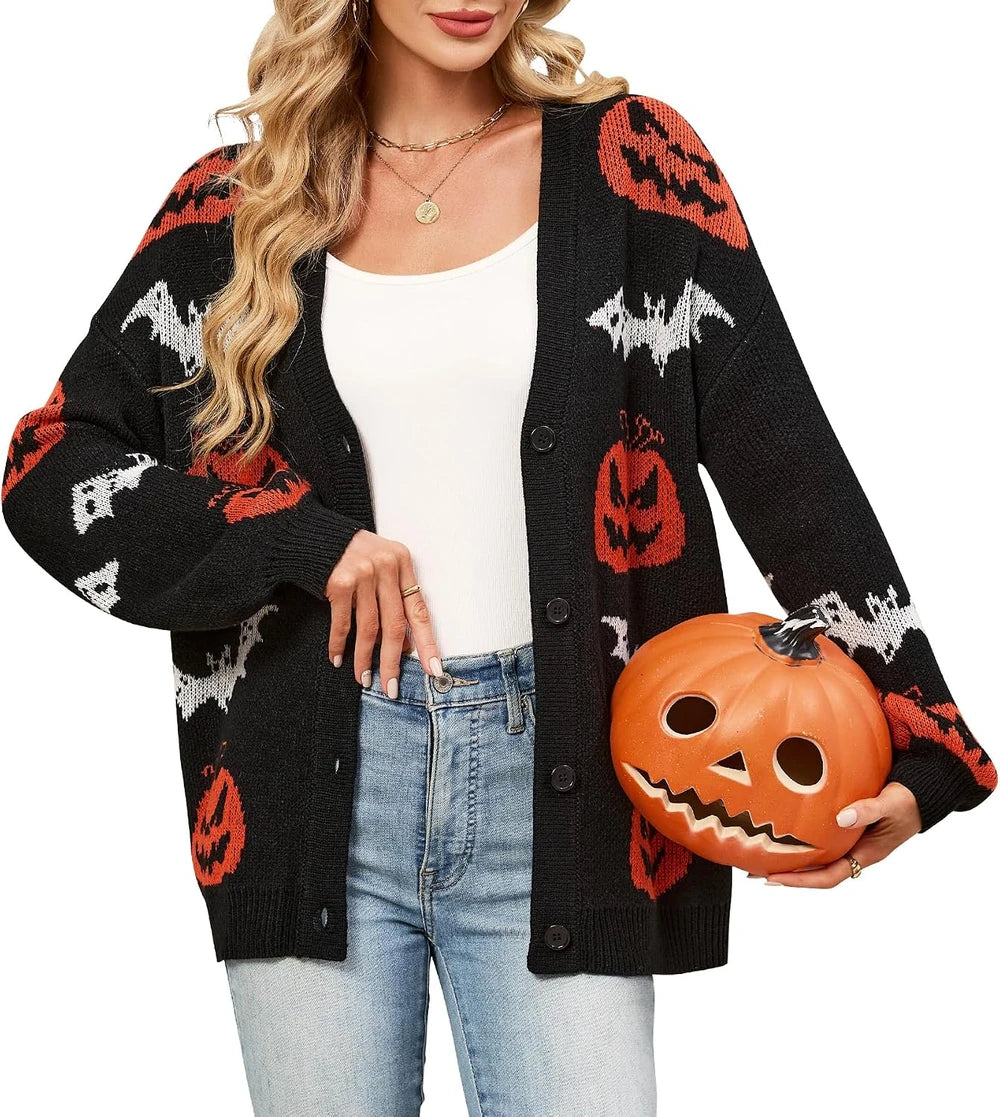 Halloween Pumpkin Bat Knit Cardigan