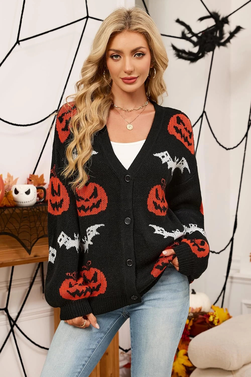 Halloween Pumpkin Bat Knit Cardigan
