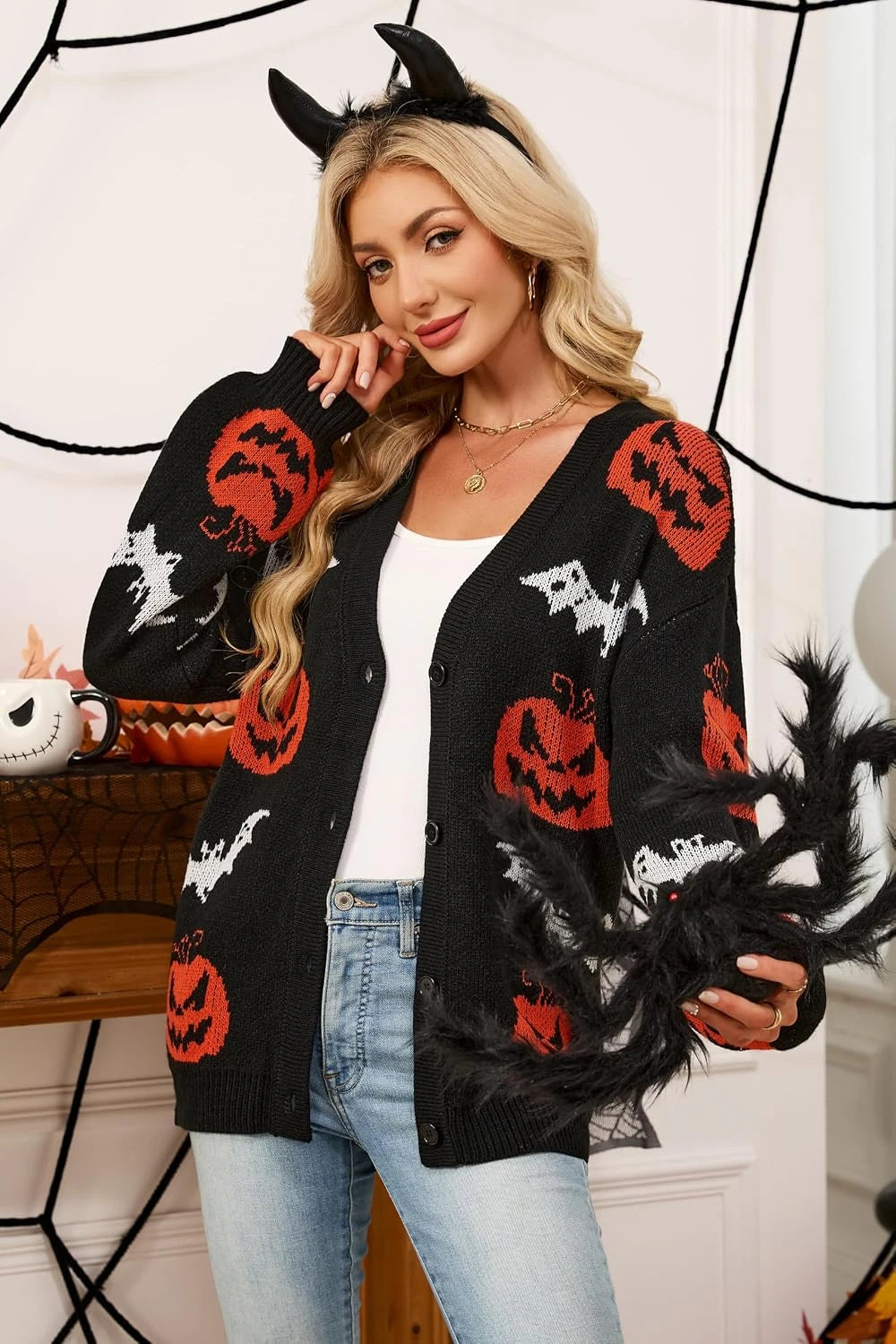 Halloween Pumpkin Bat Knit Cardigan