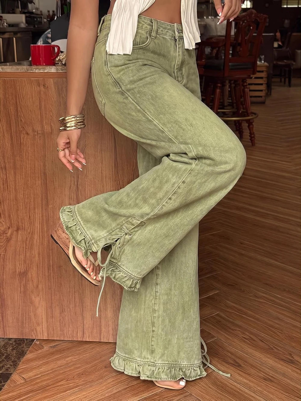 Ruffle Hem Wide Leg Jeans