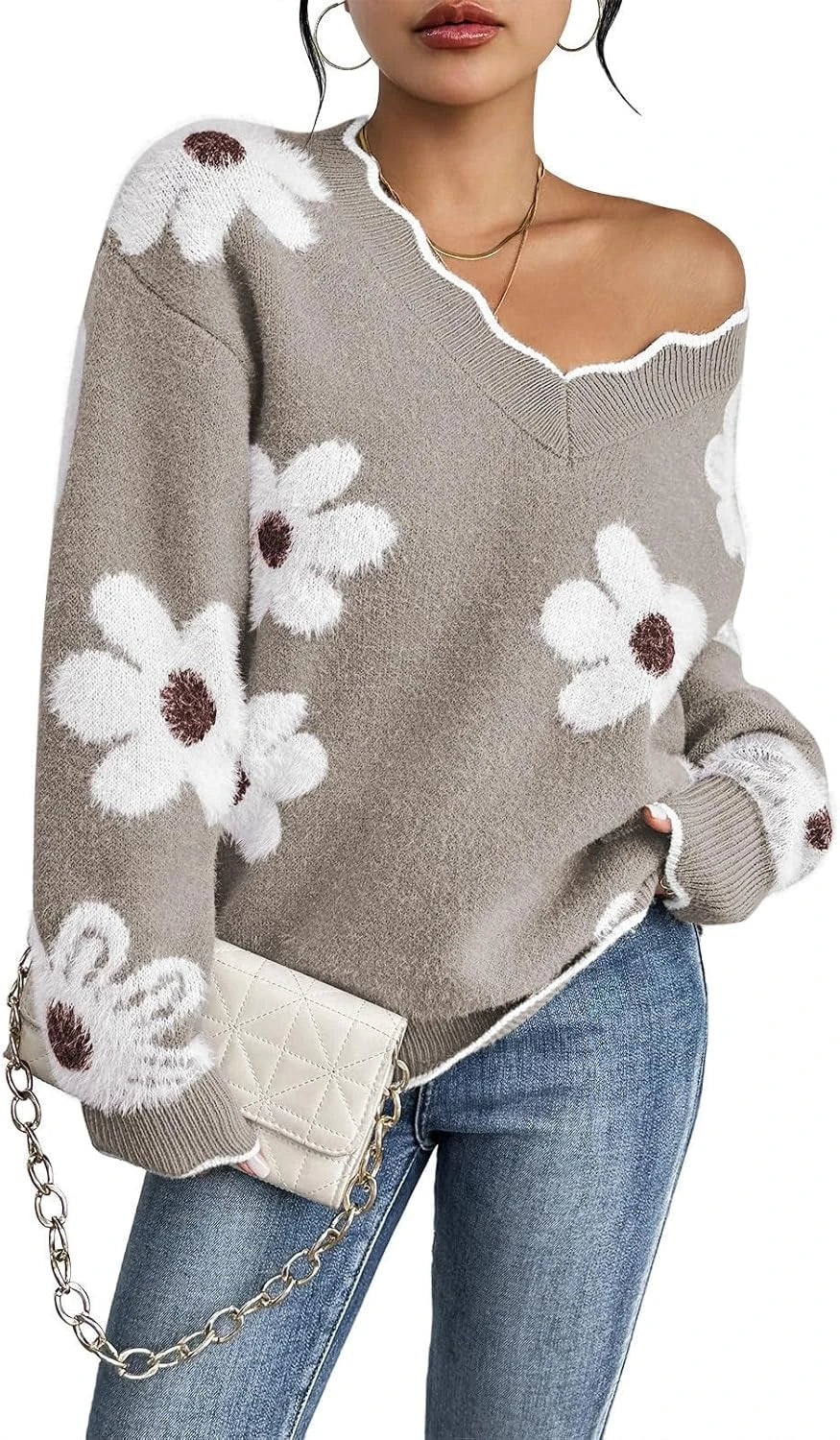 Fuzzy Knit V Neck Sweater