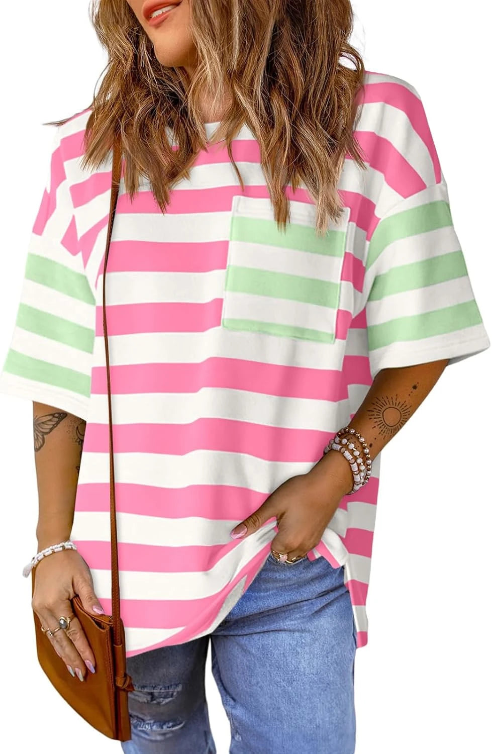Oversized Striped Color Block Tee