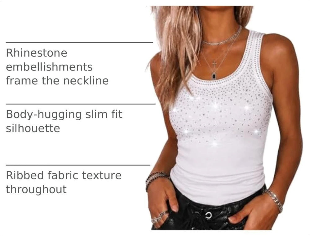 Rhinestone Ribbed U Neck Tank Top