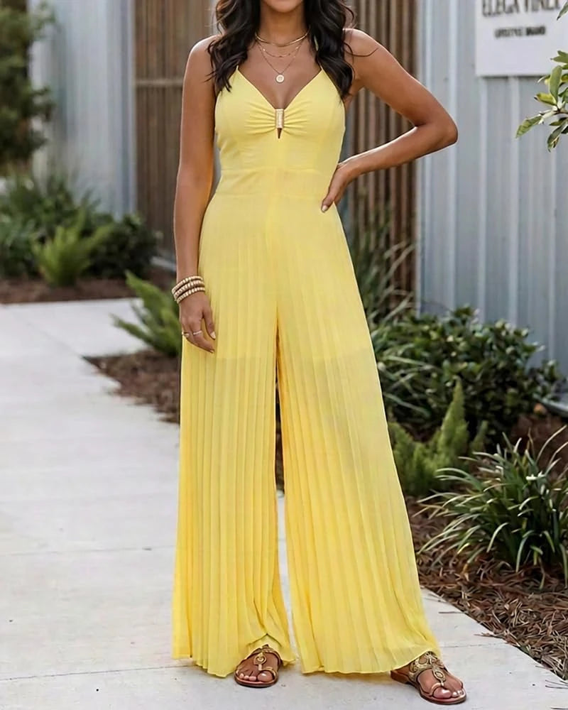 Pleated Sling V-Neck Jumpsuit