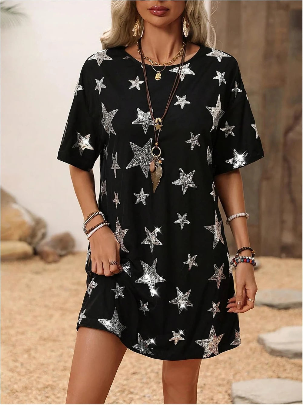 Sequin Star Short Sleeve Dress