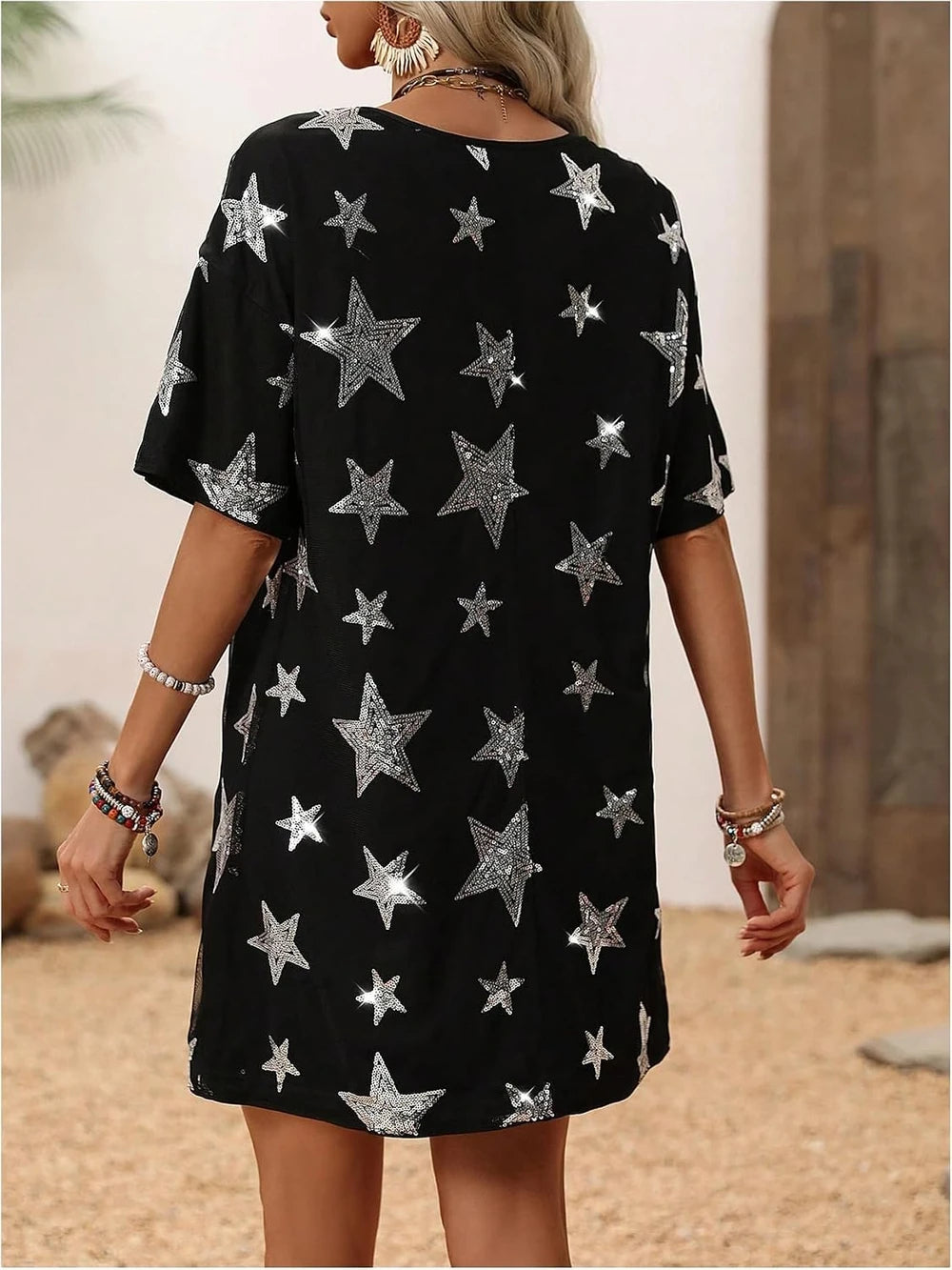 Sequin Star Short Sleeve Dress