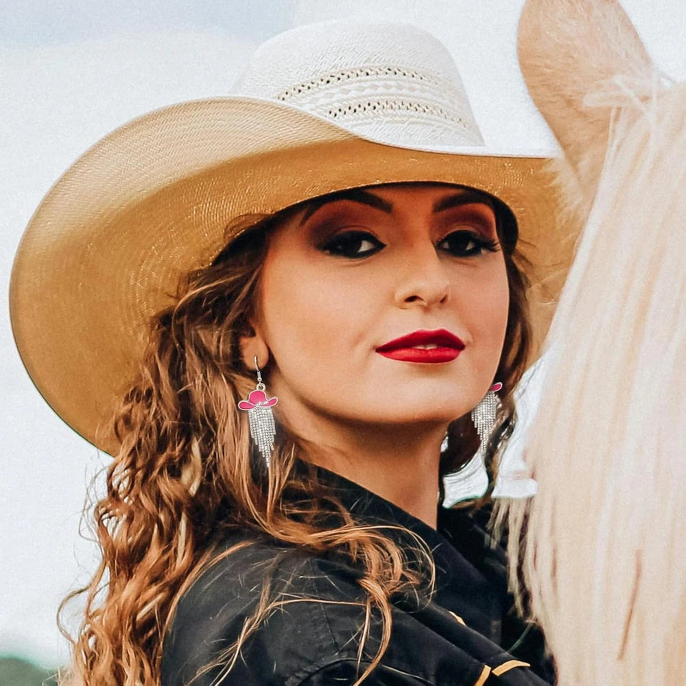 Rhinestone Cowgirl Hat Tassel Earrings