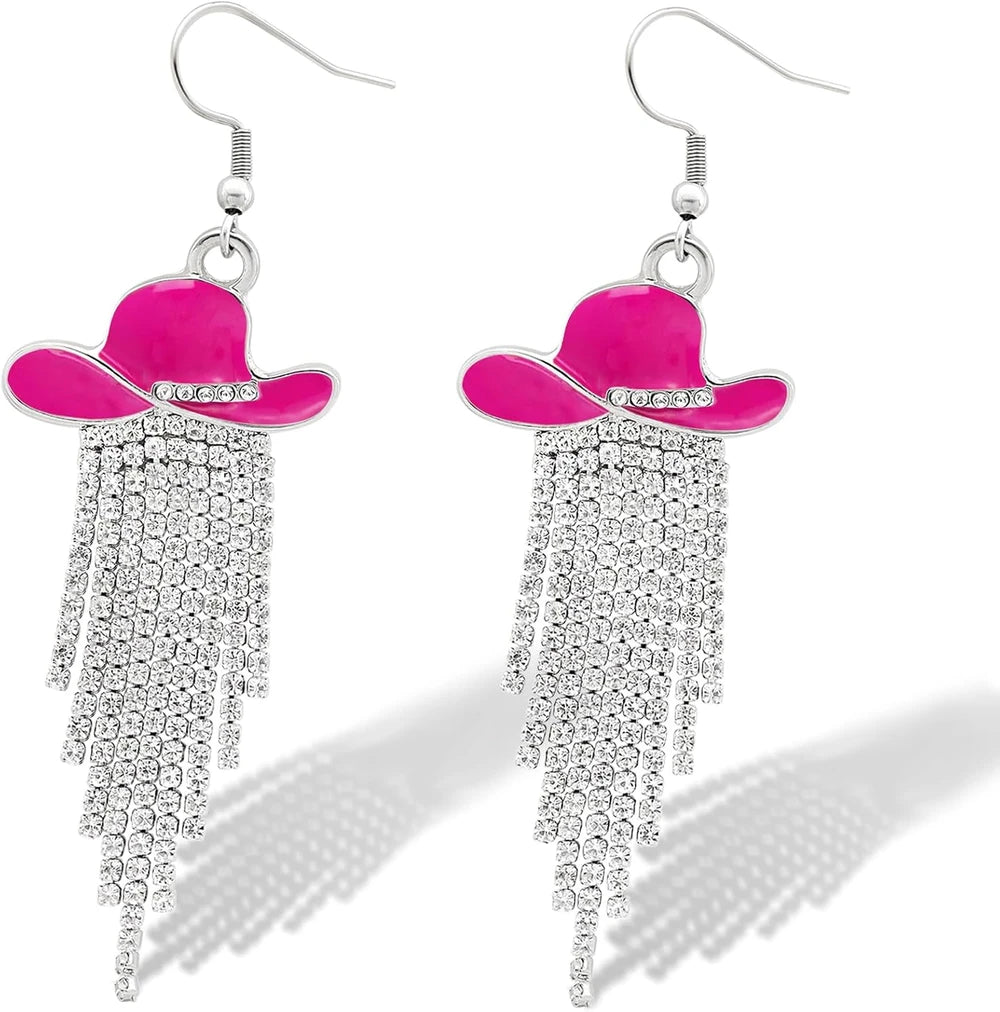 Rhinestone Cowgirl Hat Tassel Earrings