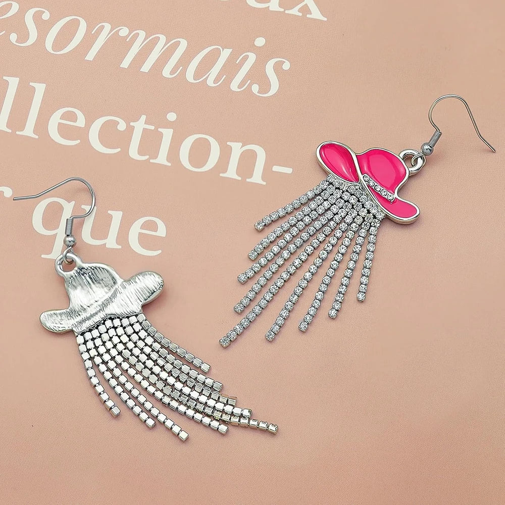 Rhinestone Cowgirl Hat Tassel Earrings