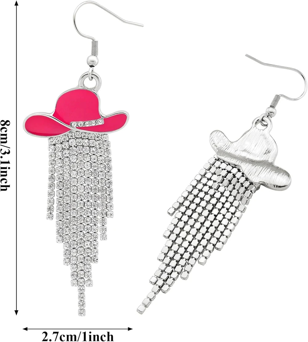 Rhinestone Cowgirl Hat Tassel Earrings