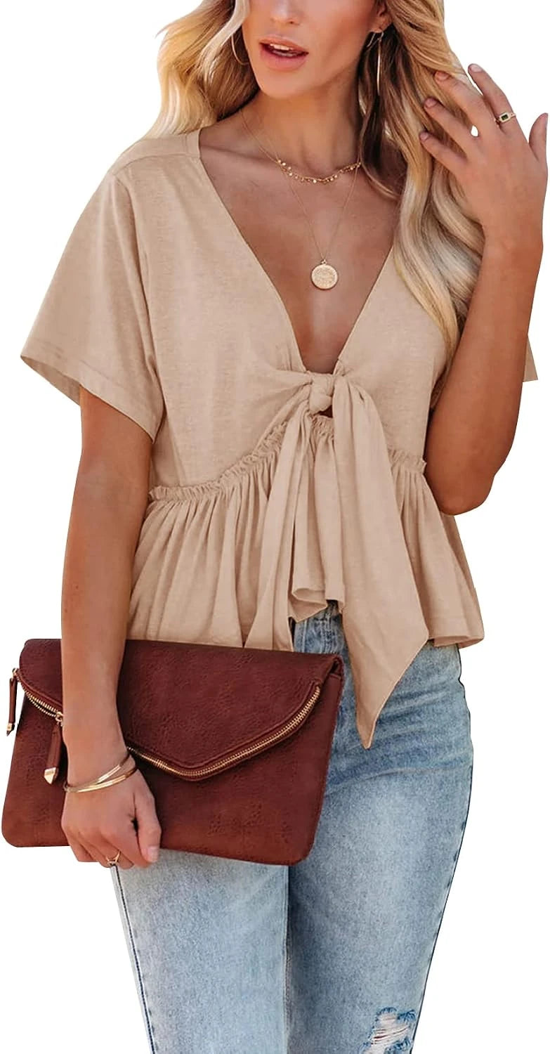 Short Sleeve V Neck Tie Front Crop Top