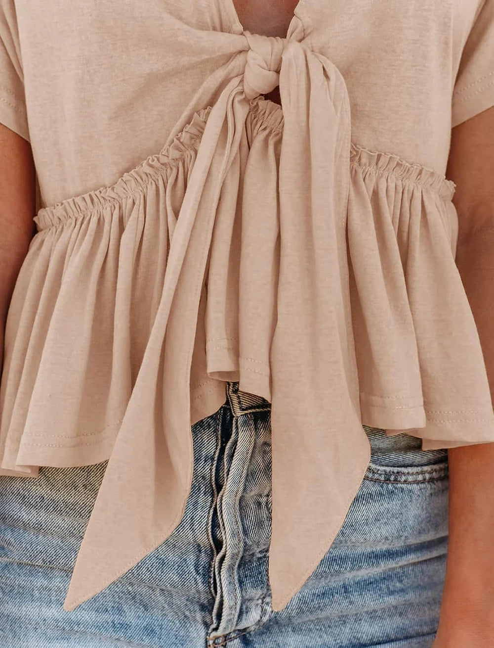 Short Sleeve V Neck Tie Front Crop Top