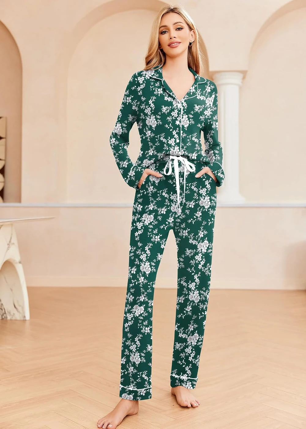 Ekouaer Long Sleeve Button Down Pajama Set