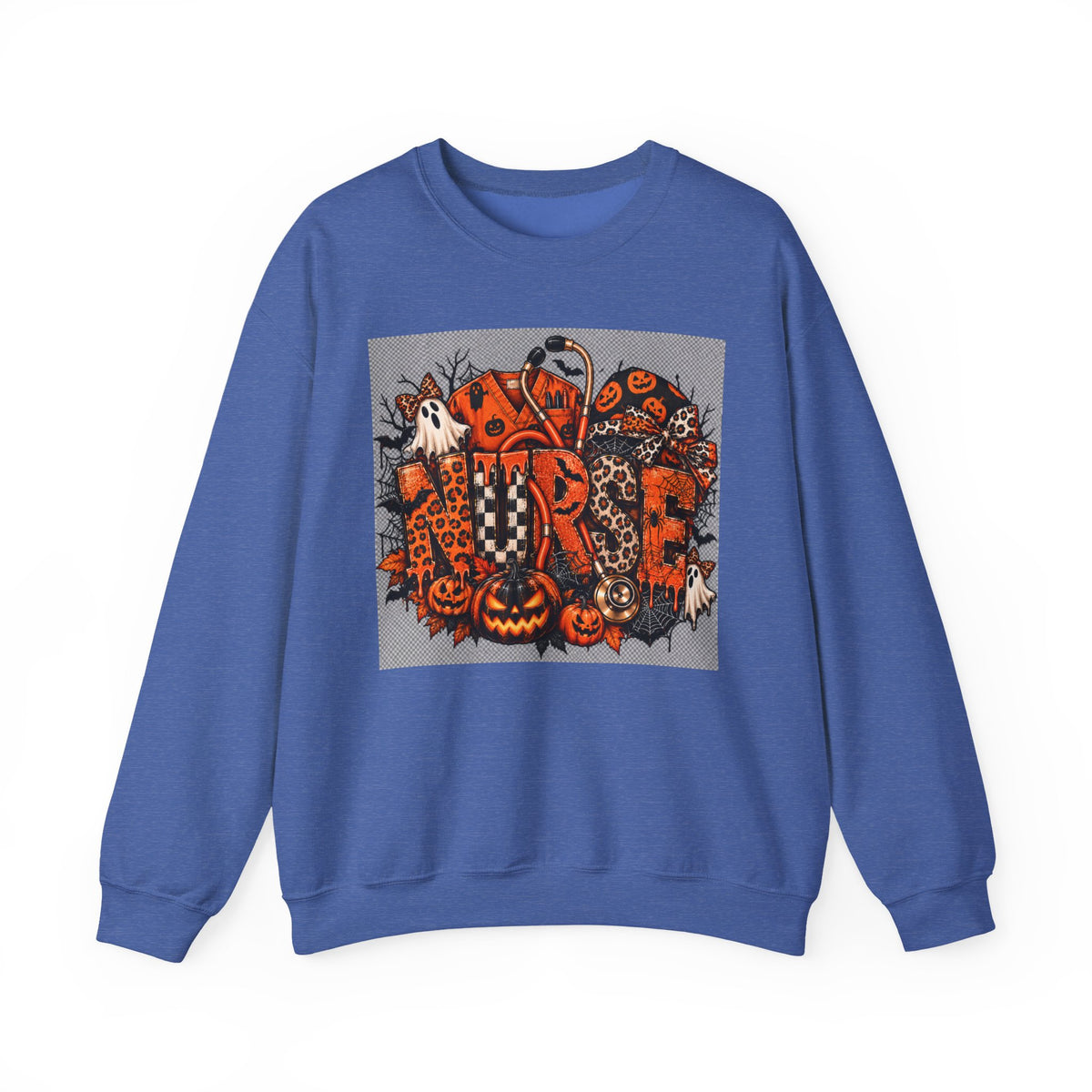 Halloween Patchwork Skull Crewneck Sweatshirt | Pumpkin Ghosts, Orange Black