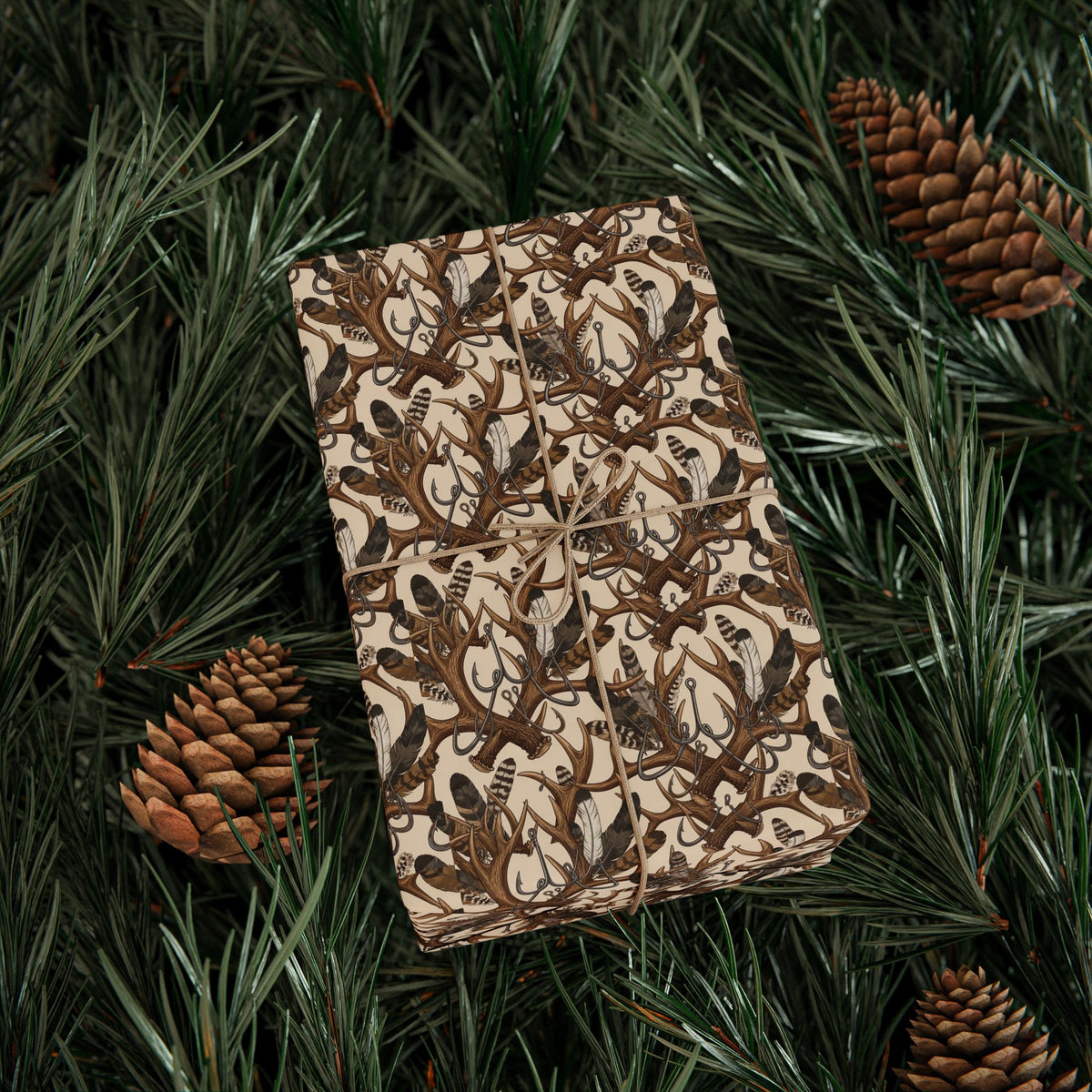 Brown Hunters Antler Pattern Wrapping Paper | Vintage Botanical Gift Wrap