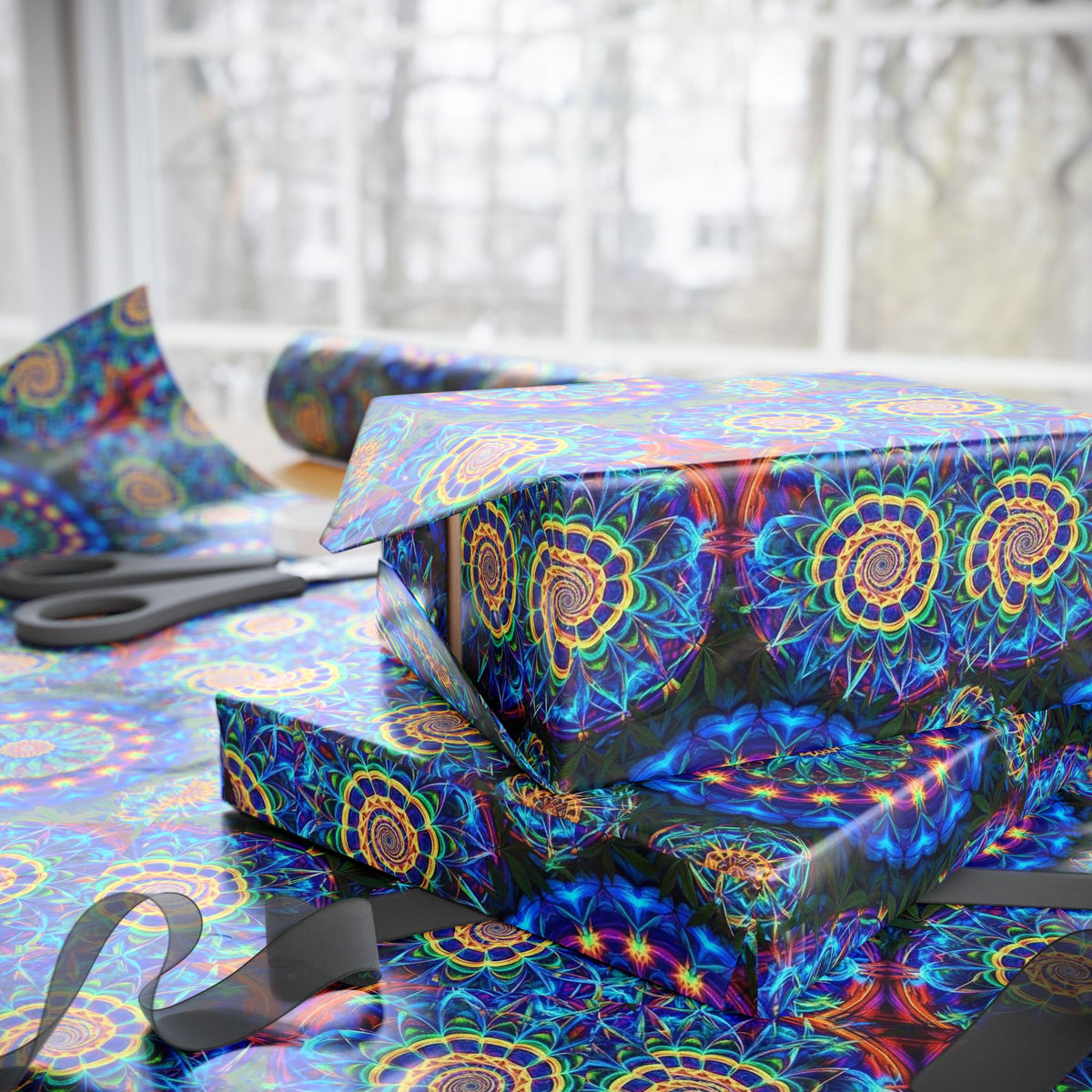 Psychedelic Kaleidoscope Cannabis Floral Wrapping Paper | Blue Mandala Pattern