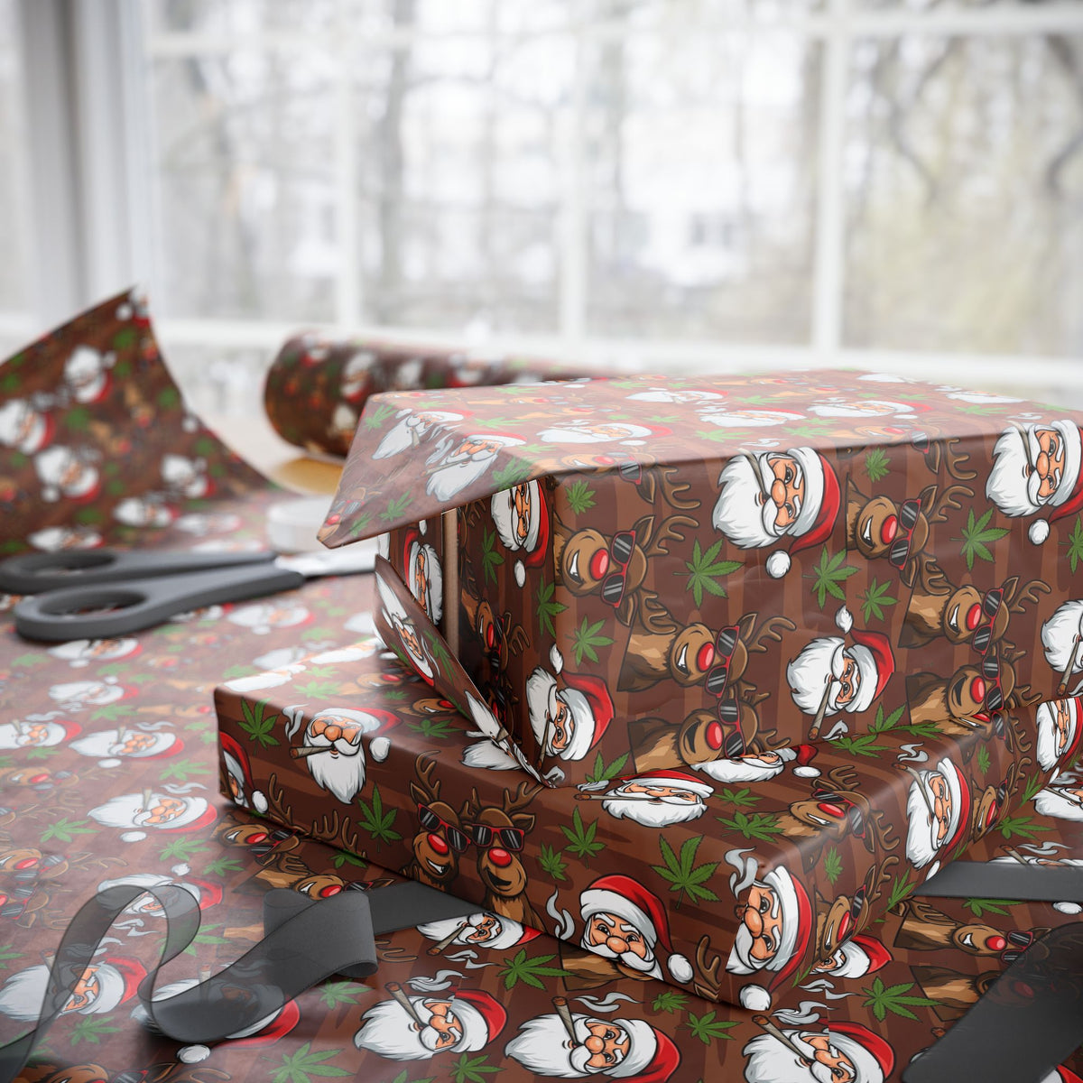 Stoner Reindeer and Santa Smoking Pattern Wrapping Paper | Christmas Holiday Gift Wrap