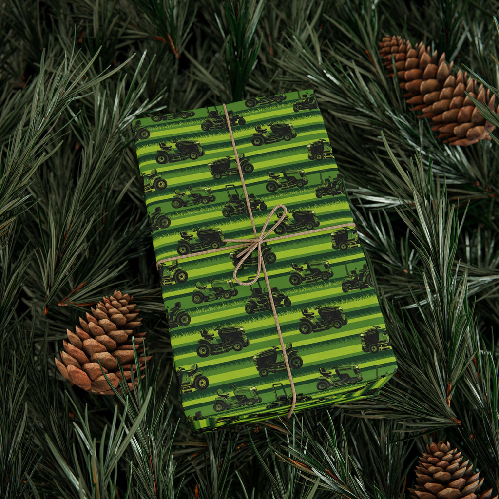 Green Lawn Mower Pattern Wrapping Paper | Farm Vehicle Gift Wrap