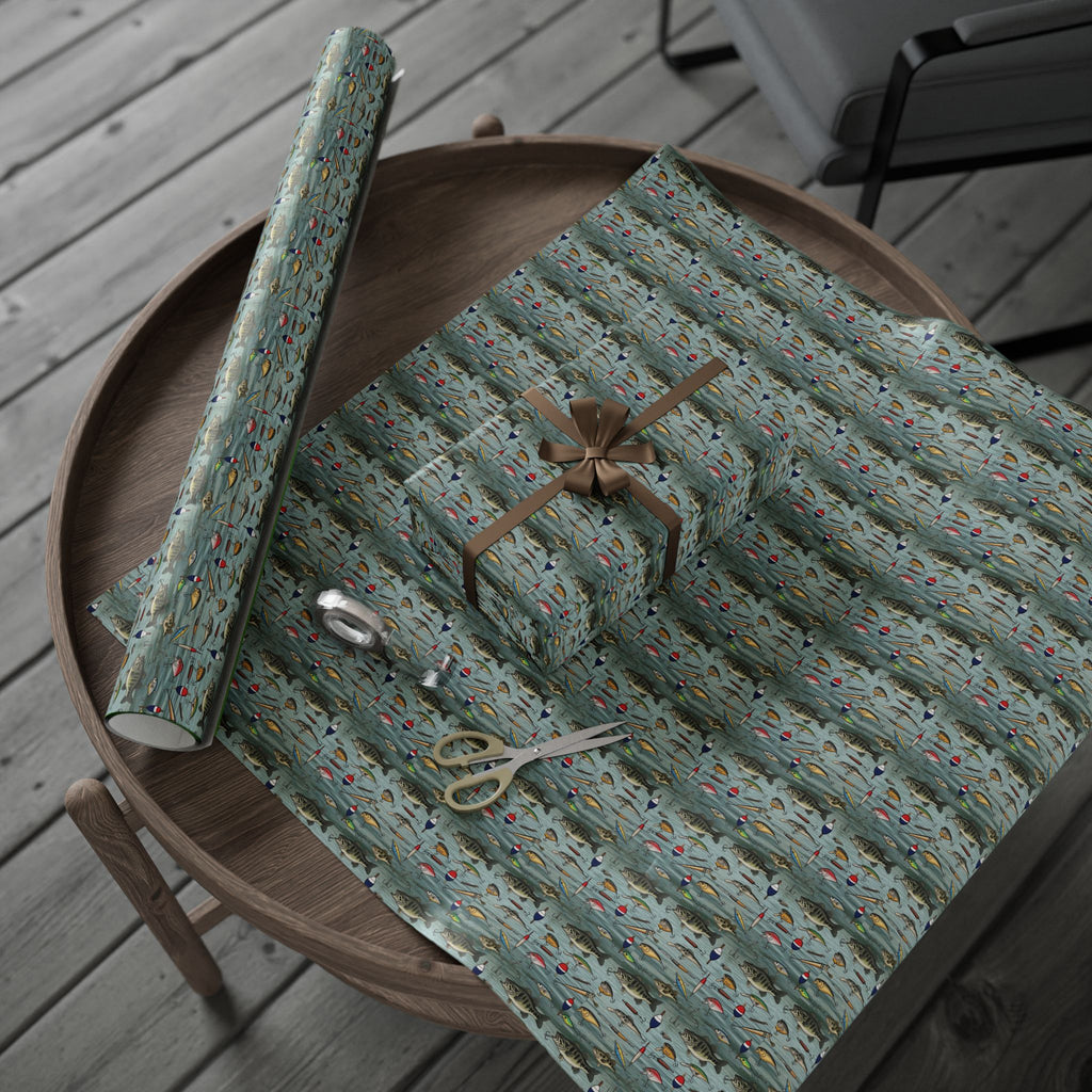 Fishing Lures Pattern Wrapping Paper | Nautical Fish Hooks, Buoys, Ocean Theme