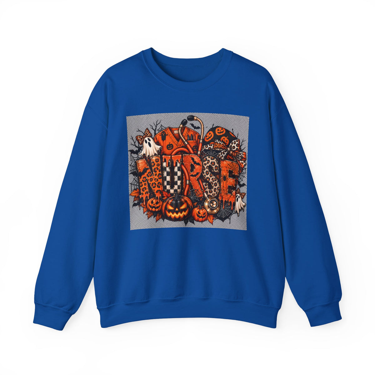 Halloween Patchwork Skull Crewneck Sweatshirt | Pumpkin Ghosts, Orange Black