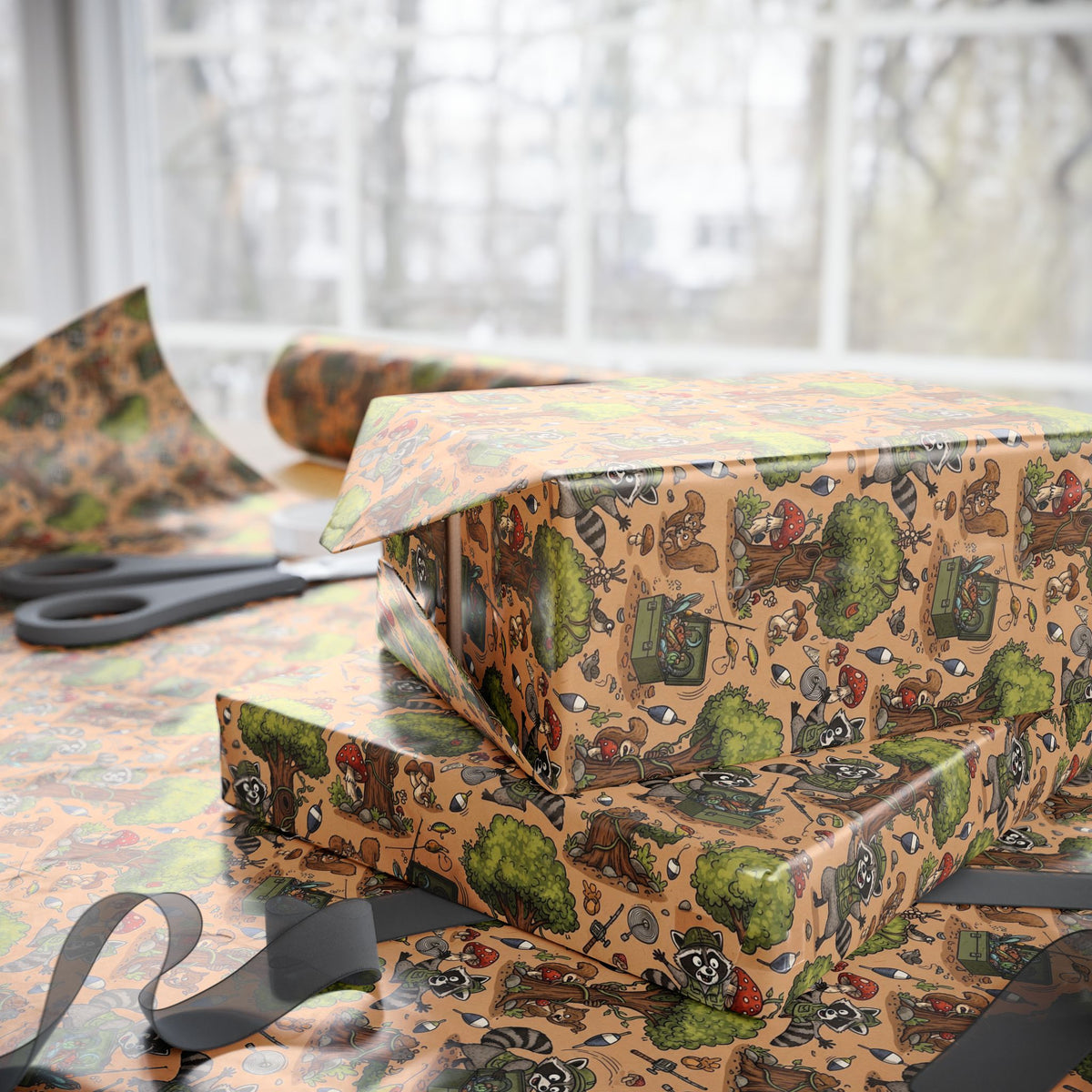 Camping Racoon Pattern Wrapping Paper | Outdoor Camper Tents Trees RVs