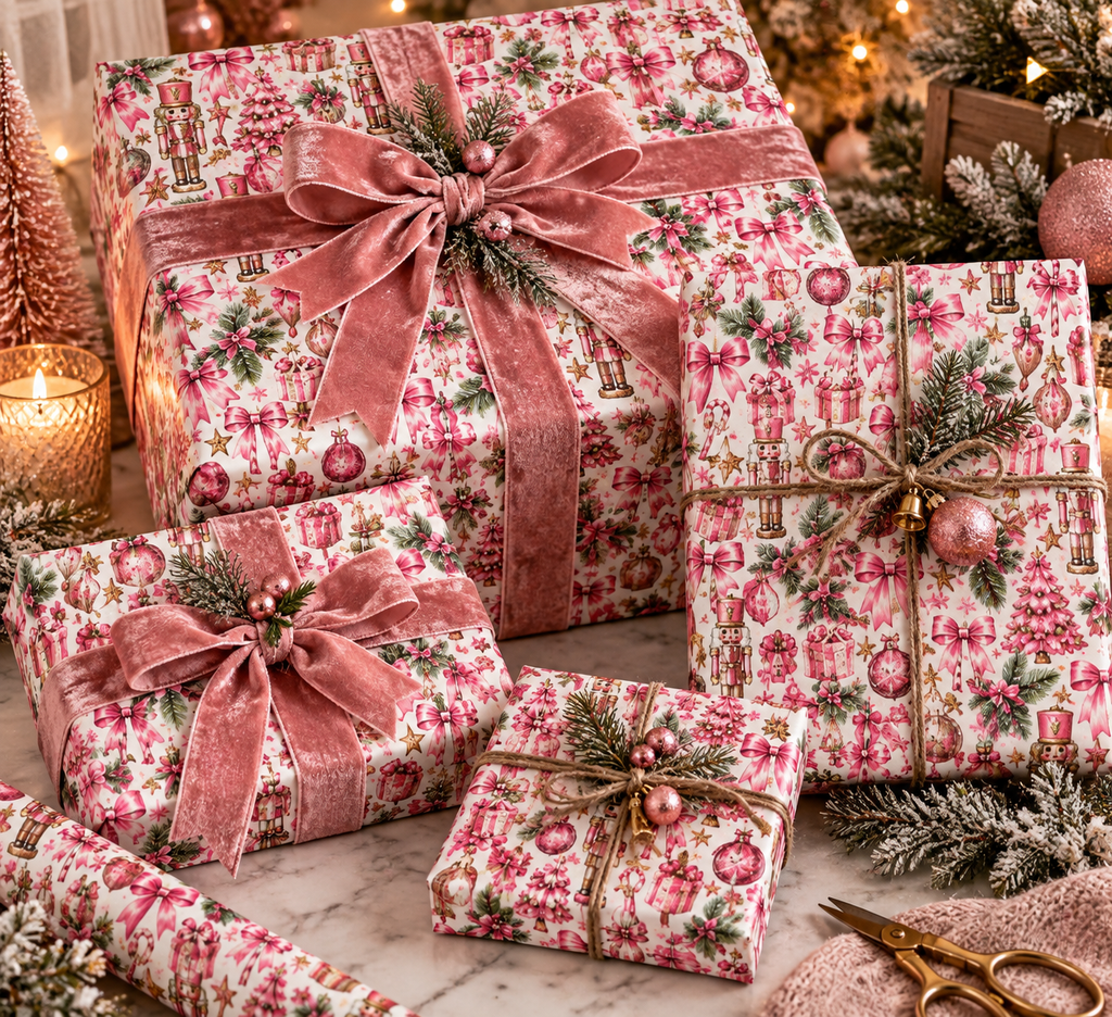 Pink Nutcracker Christmas Wrapping Paper Coquette Holiday Gift Wrap, Pink Christmas Paper, Ballerina