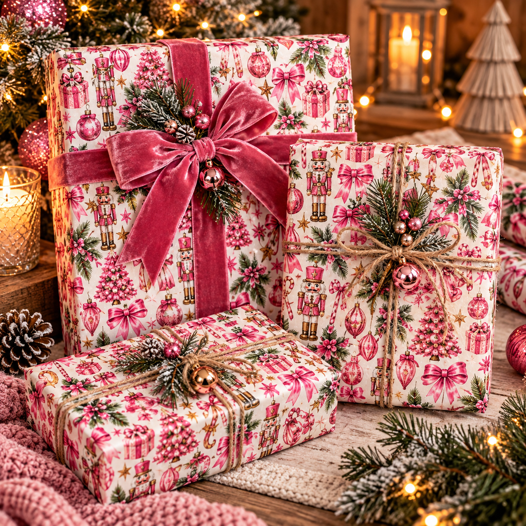 Pink Nutcracker Christmas Wrapping Paper Coquette Holiday Gift Wrap, Pink Christmas Paper, Ballerina