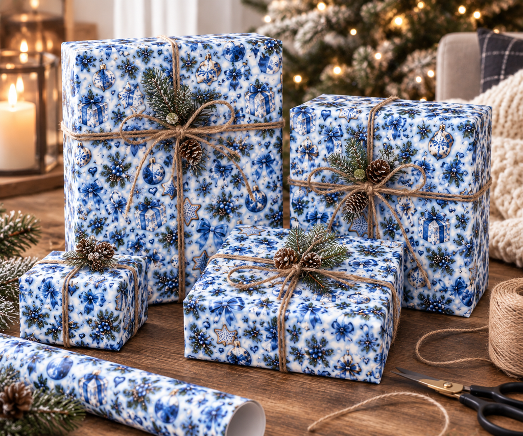 Blue Christmas Wrapping Paper, Coquette Holiday Gift Wrap, Blue Bow Christmas Paper