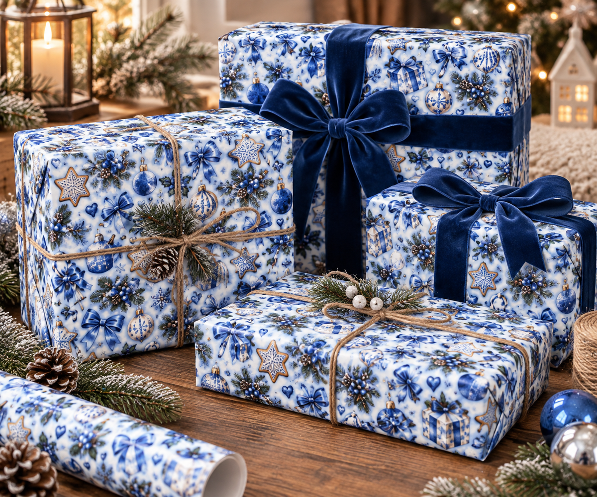 Blue Christmas Wrapping Paper, Coquette Holiday Gift Wrap, Blue Bow Christmas Paper