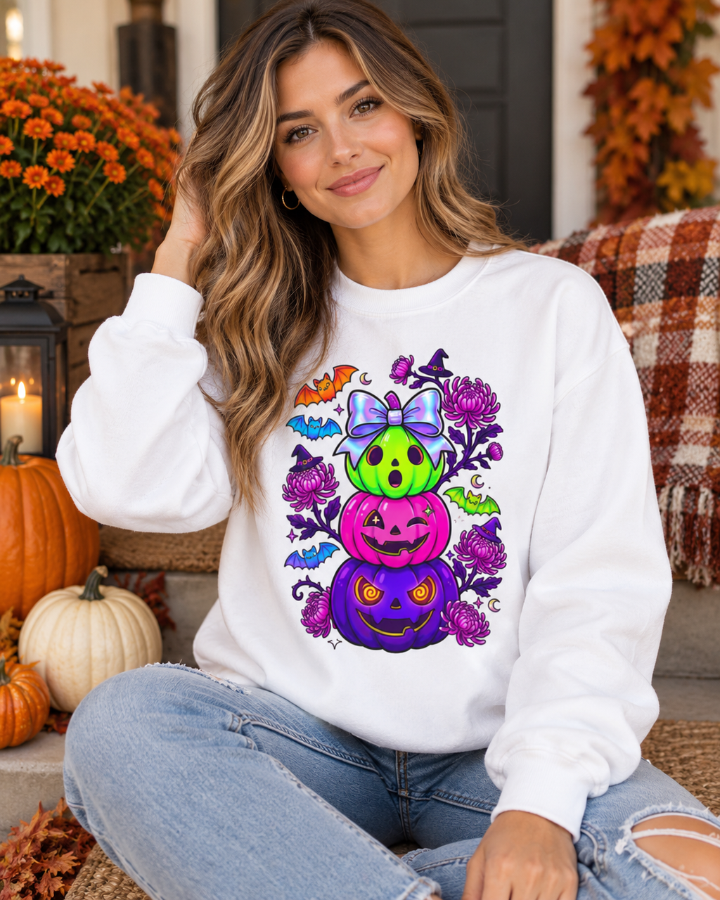 Spooky Colorful Pumpkin Stack Halloween Sweatshirt