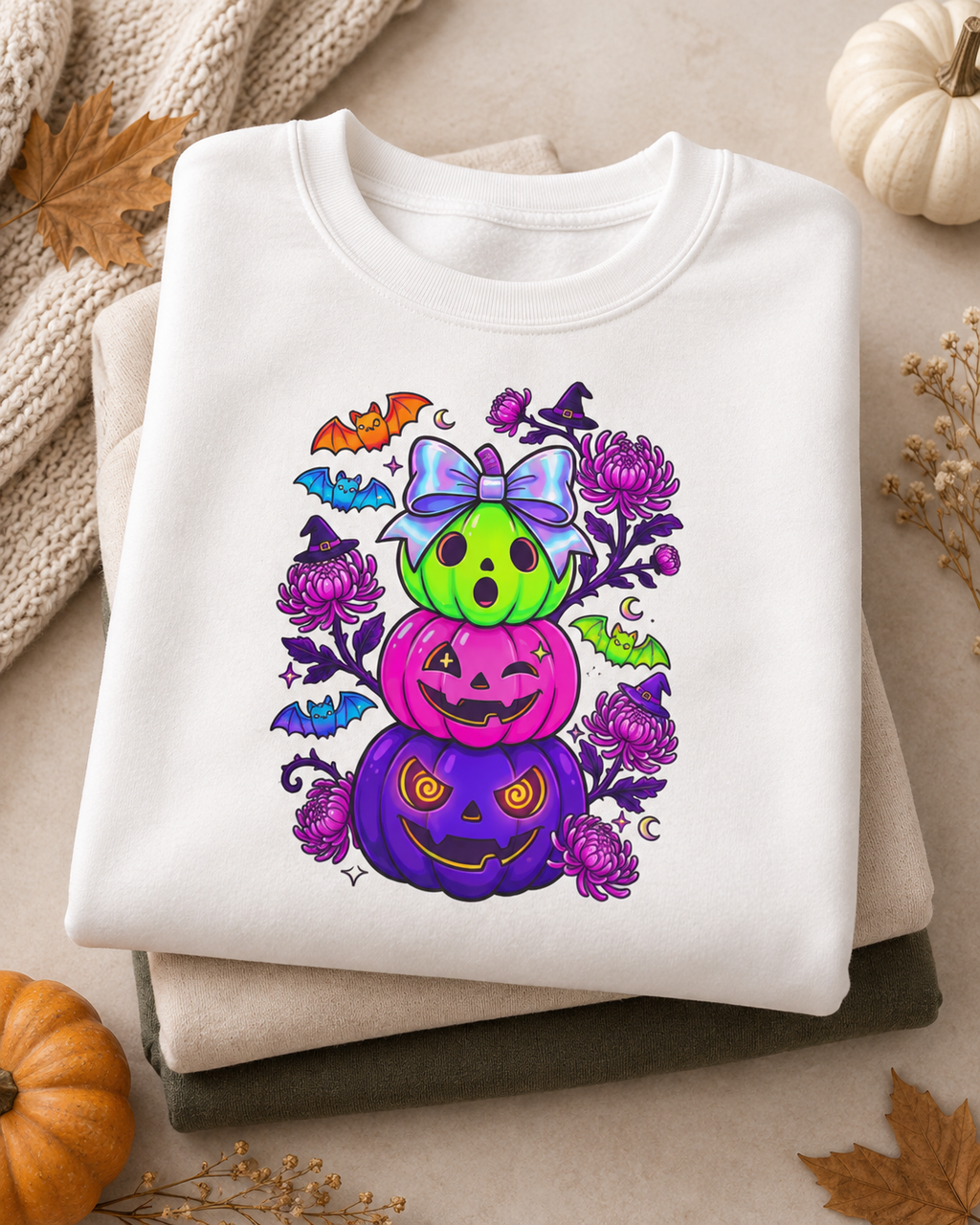 Spooky Colorful Pumpkin Stack Halloween Sweatshirt