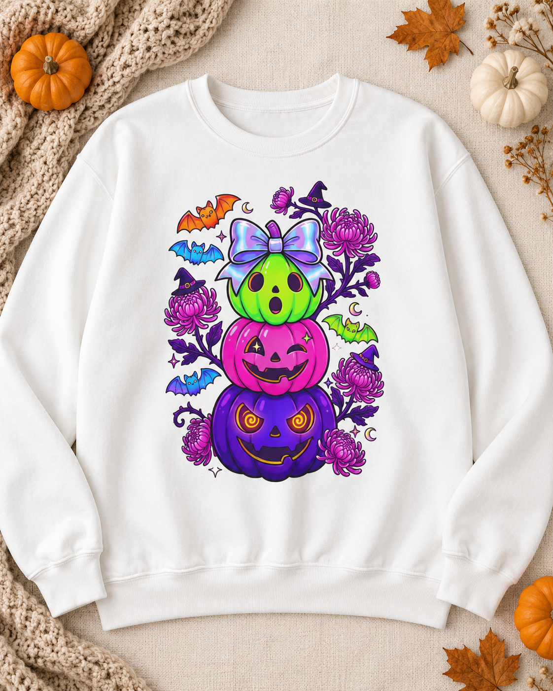 Spooky Colorful Pumpkin Stack Halloween Sweatshirt