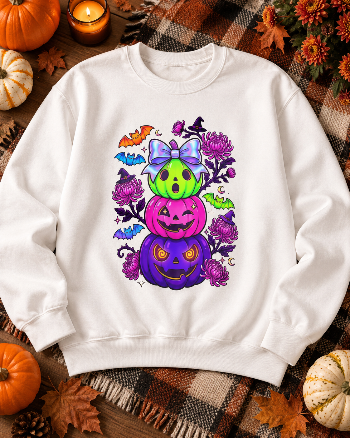Spooky Colorful Pumpkin Stack Halloween Sweatshirt