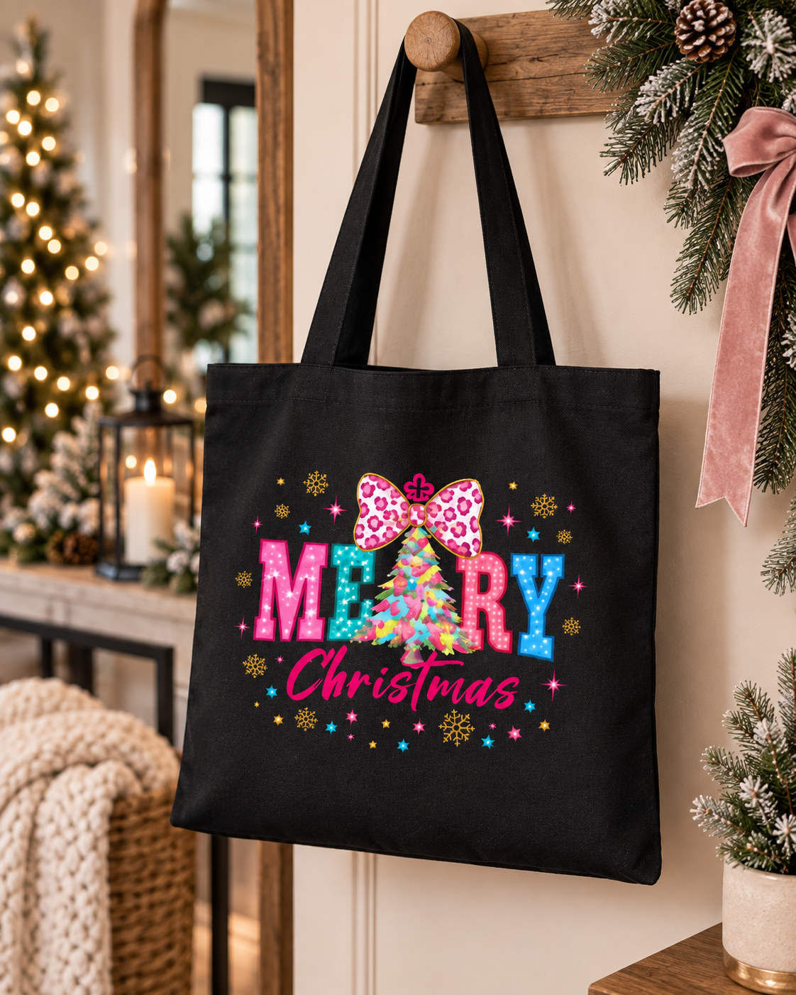 Colorful Christmas Tree Canvas Tote Bag