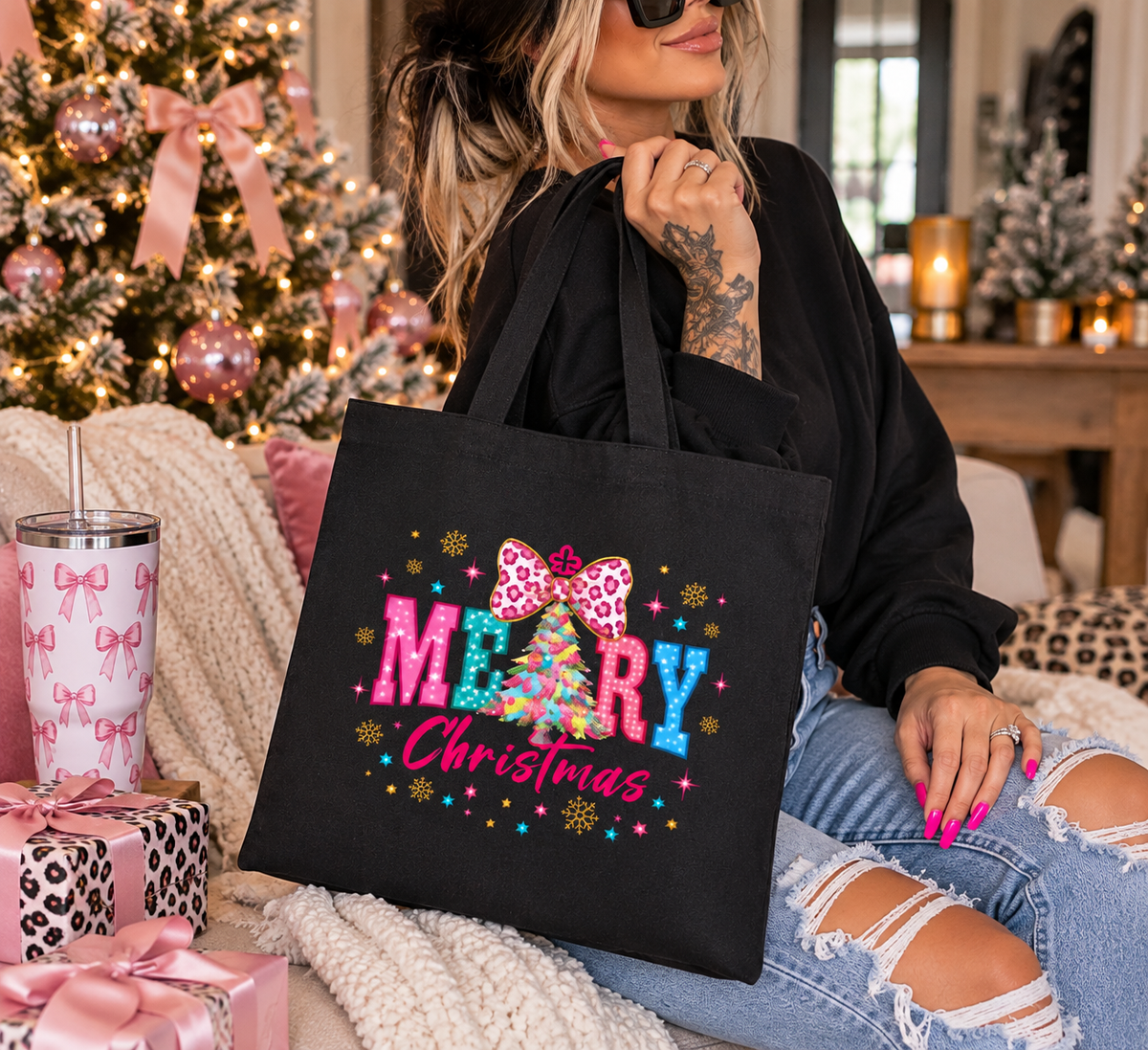 Colorful Christmas Tree Canvas Tote Bag