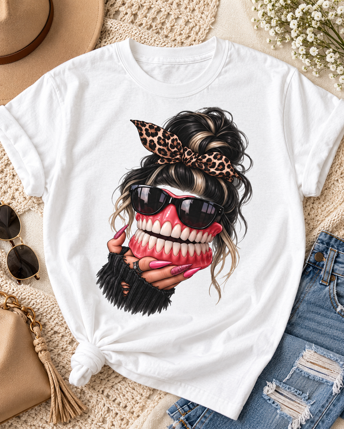 Denture Baddie Comfort Colors Tee | Leopard Messy Bun Graphic Shirt