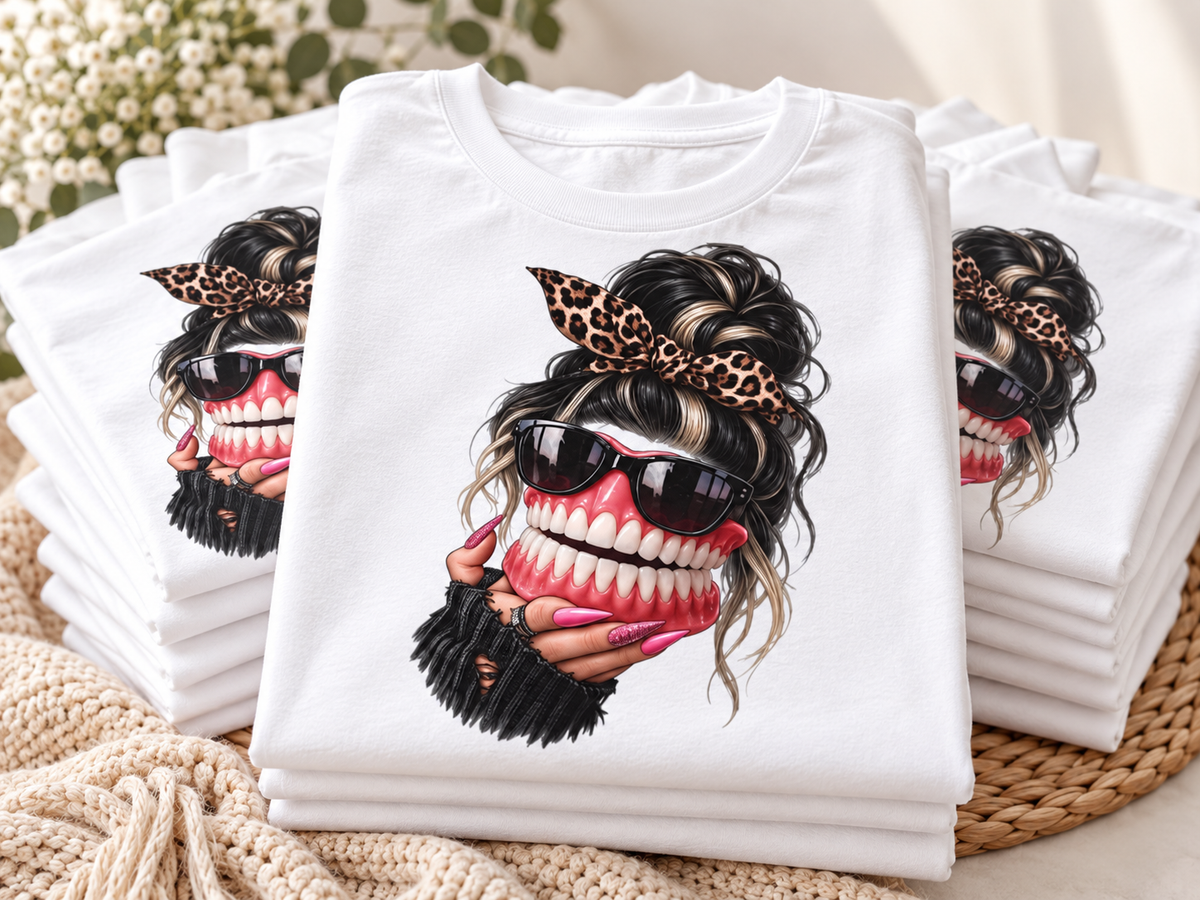 Denture Baddie Comfort Colors Tee | Leopard Messy Bun Graphic Shirt