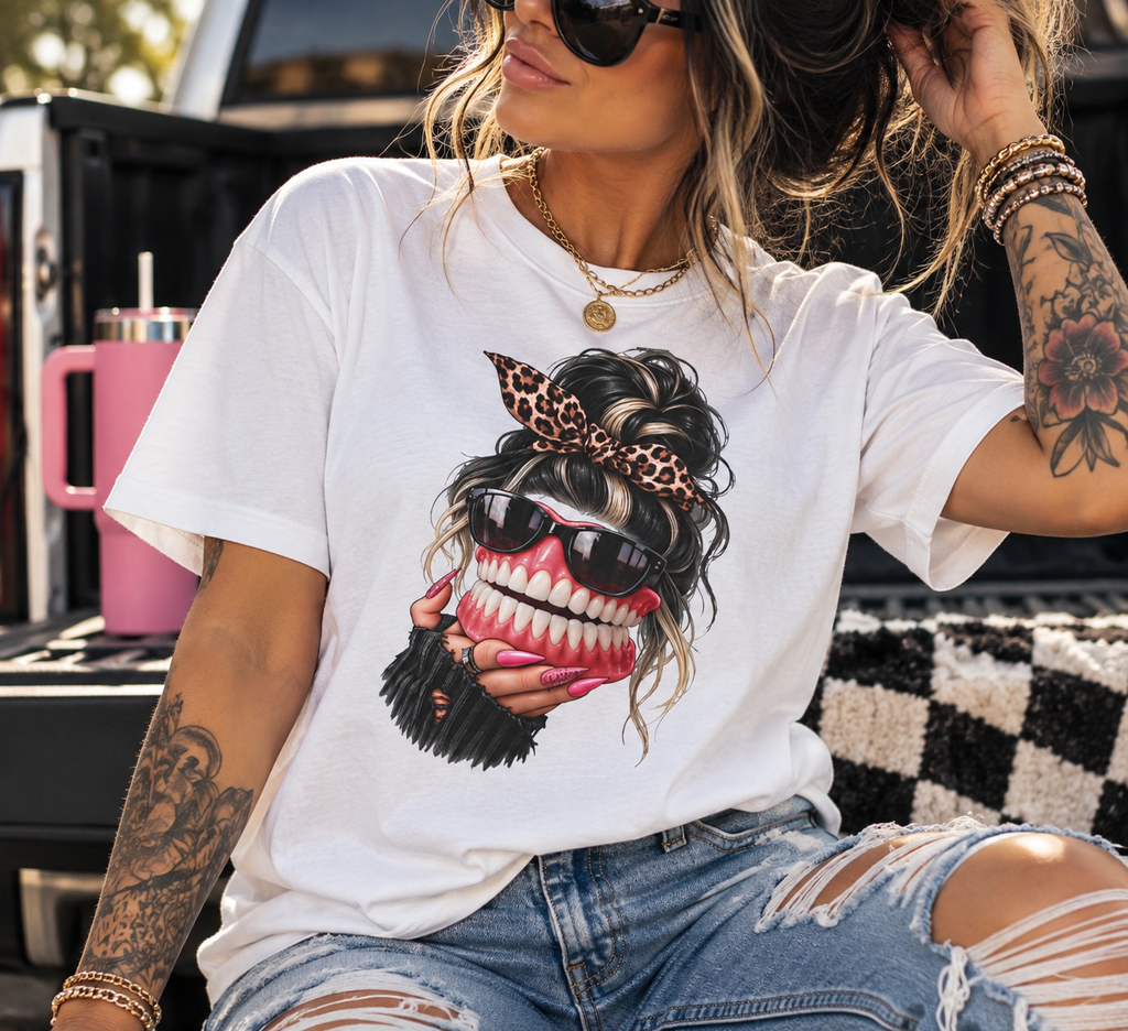 Denture Baddie Comfort Colors Tee | Leopard Messy Bun Graphic Shirt