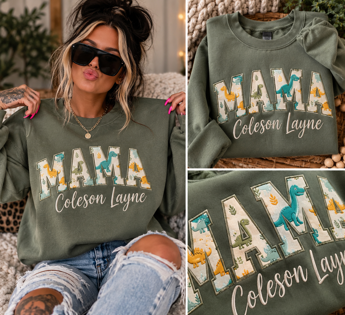 Custom Mama Dinosaur Embroidered Sweatshirt