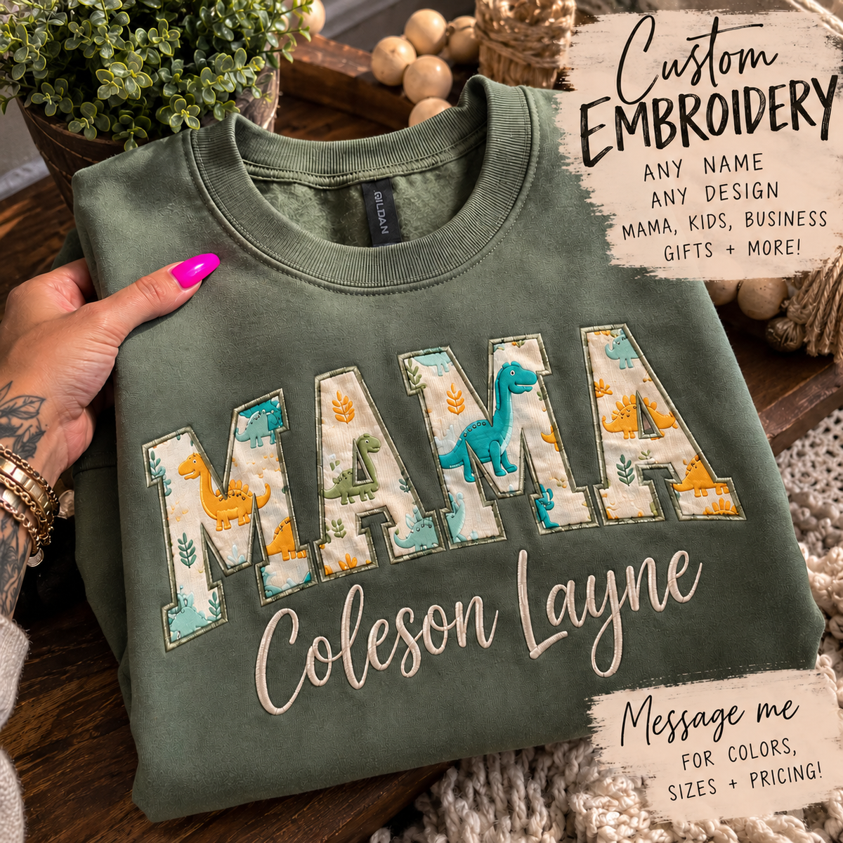 Custom Mama Dinosaur Embroidered Sweatshirt