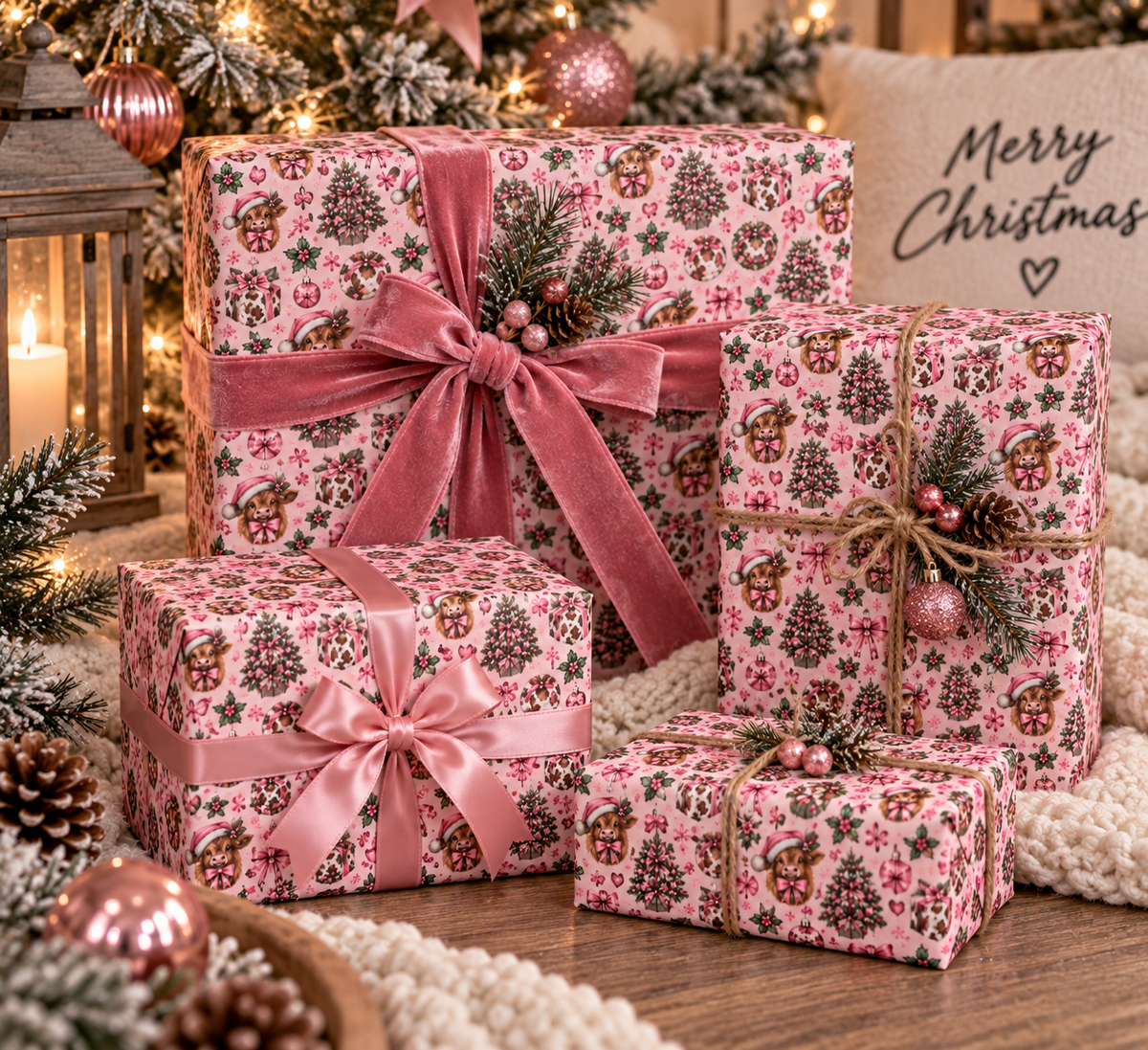 Pink Highland Cow Christmas Wrapping Paper, Western Christmas Gift Wrap, Cowgirl Holiday Paper