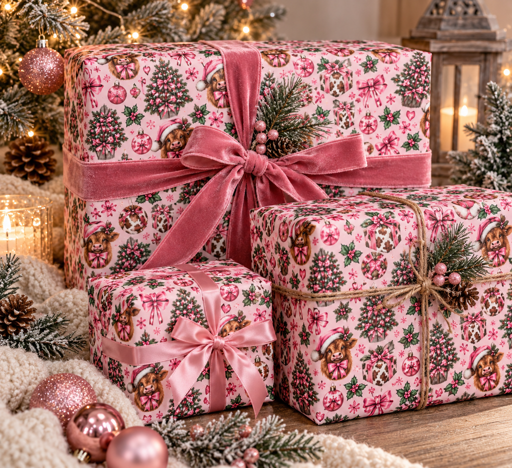 Pink Highland Cow Christmas Wrapping Paper, Western Christmas Gift Wrap, Cowgirl Holiday Paper