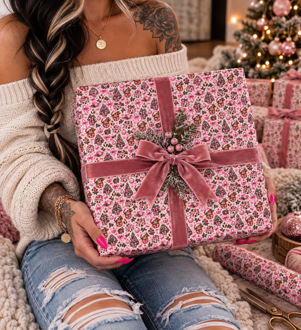 Pink Highland Cow Christmas Wrapping Paper, Western Christmas Gift Wrap, Cowgirl Holiday Paper