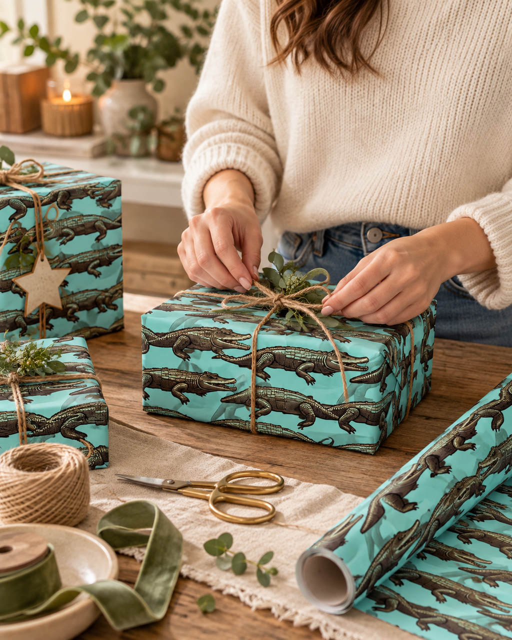 Teal Retro Alligator Pattern Wrapping Paper