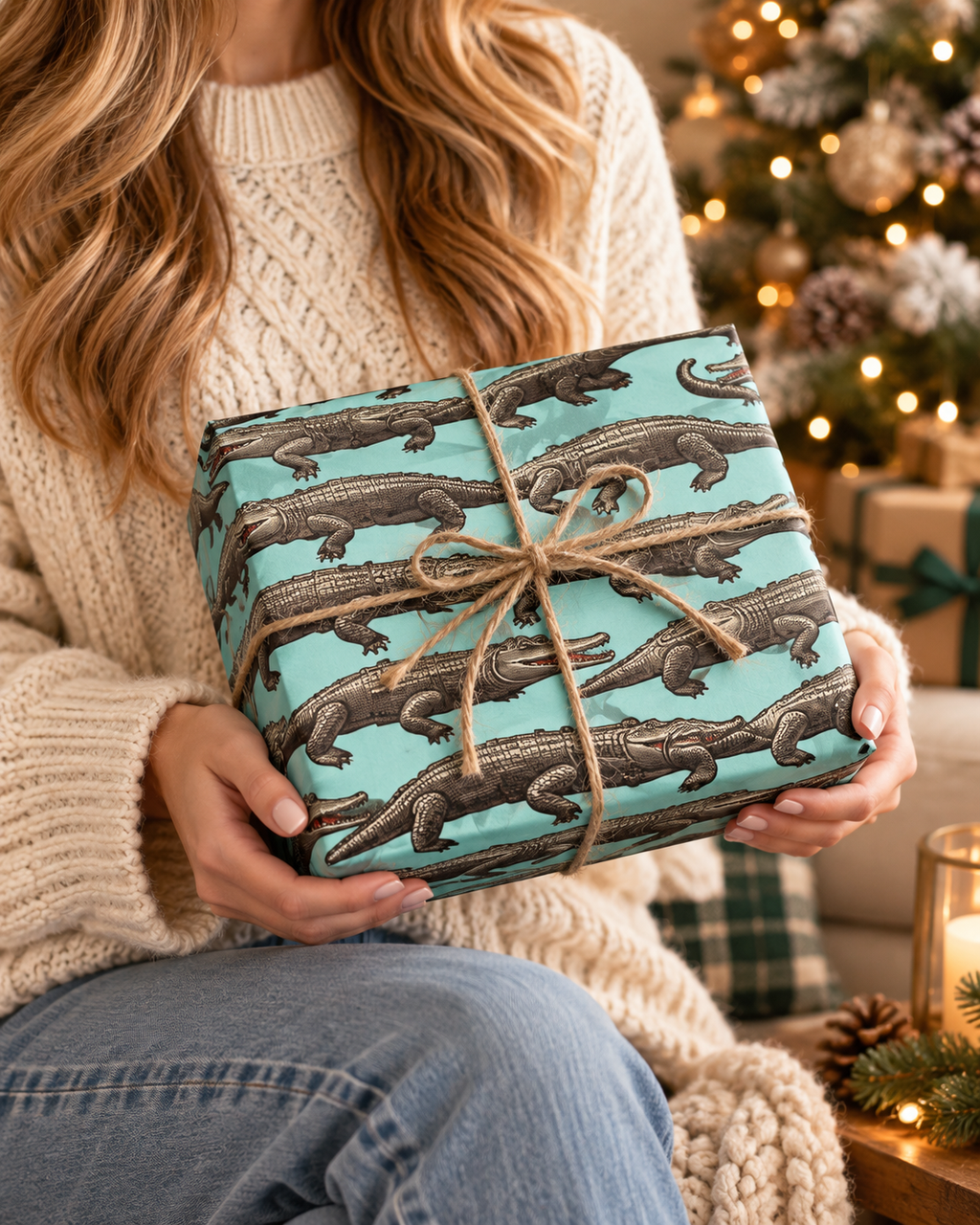 Teal Retro Alligator Pattern Wrapping Paper