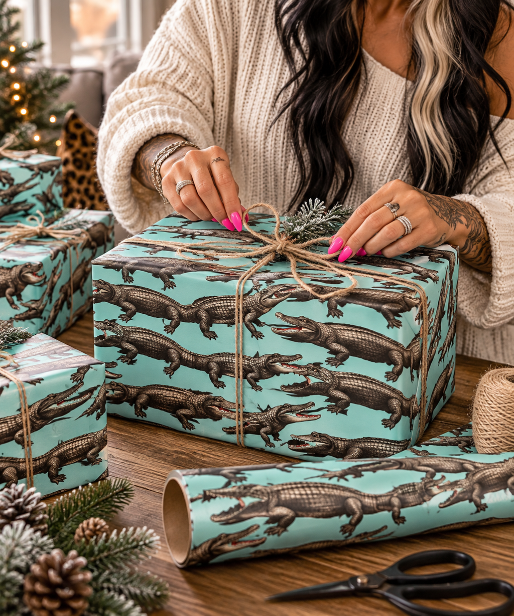 Teal Retro Alligator Pattern Wrapping Paper