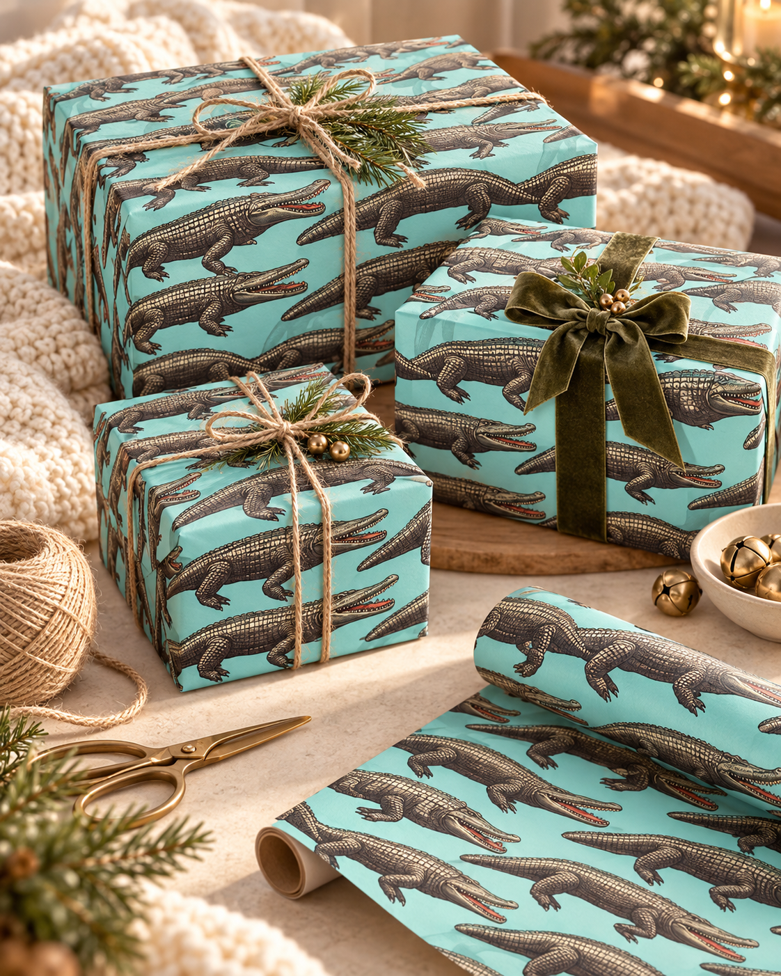 Teal Retro Alligator Pattern Wrapping Paper